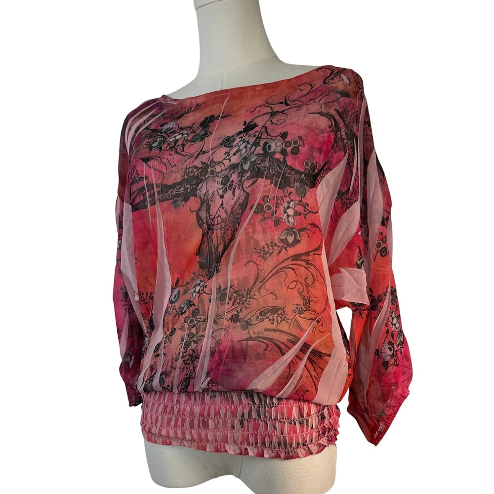 Rod's Western Palace Y2K Women M‎ Top Dolman Smocked Sheer Bell Sleeve Boho